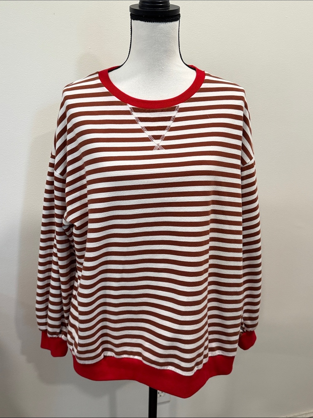 Oversized Striped Crewneck Sweatshirt Red/Brown/White Small
